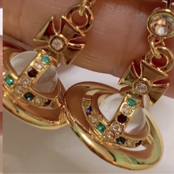 18k gold Plated crystal signature Saturn Orb drop earrings - Picture 5 of 8